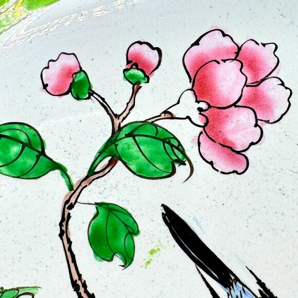 Vtg Hand-Painted Floral Enamel Trinket Box Birds & Blossoms 6" Diameter - Picture 12 of 16